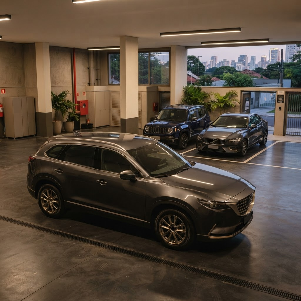 Carros familiares estacionados em uma garagem bem iluminada