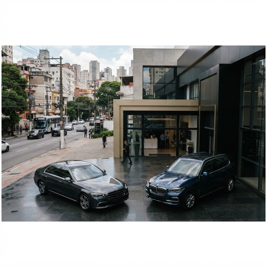 Carros premium diante de uma concessionária contemporânea