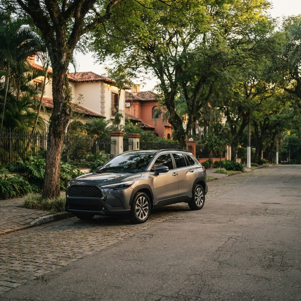 SUV compacto grafite estacionado em uma rua arborizada de São Paulo