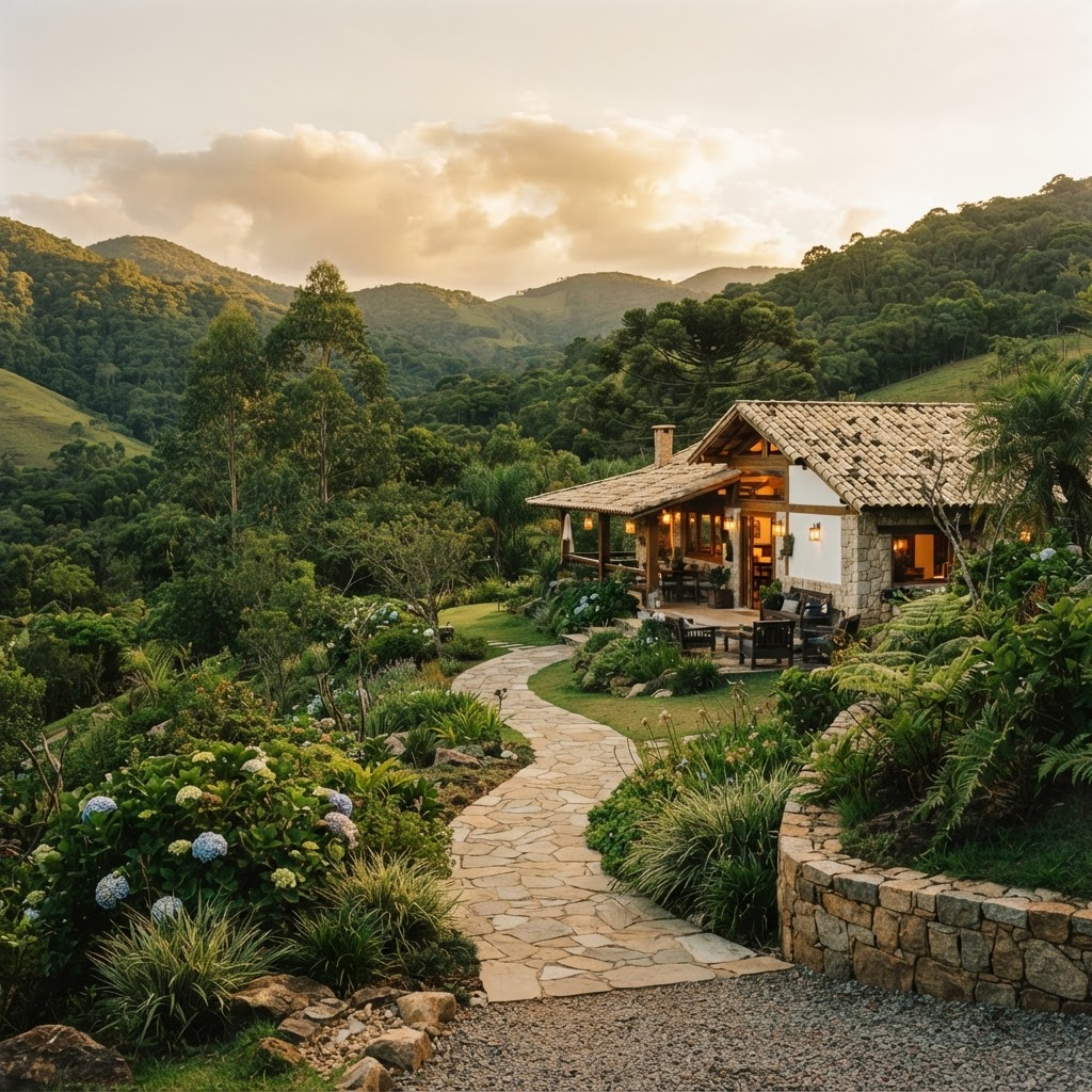 Hotel de campo elegante cercado por áreas verdes ao entardecer