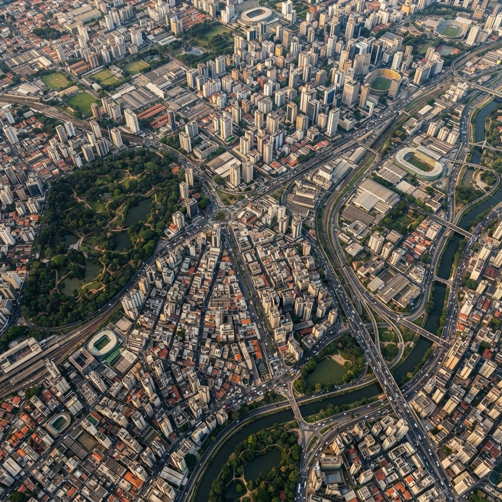 Vista cartográfica hiper-realista da Zona Leste de São Paulo