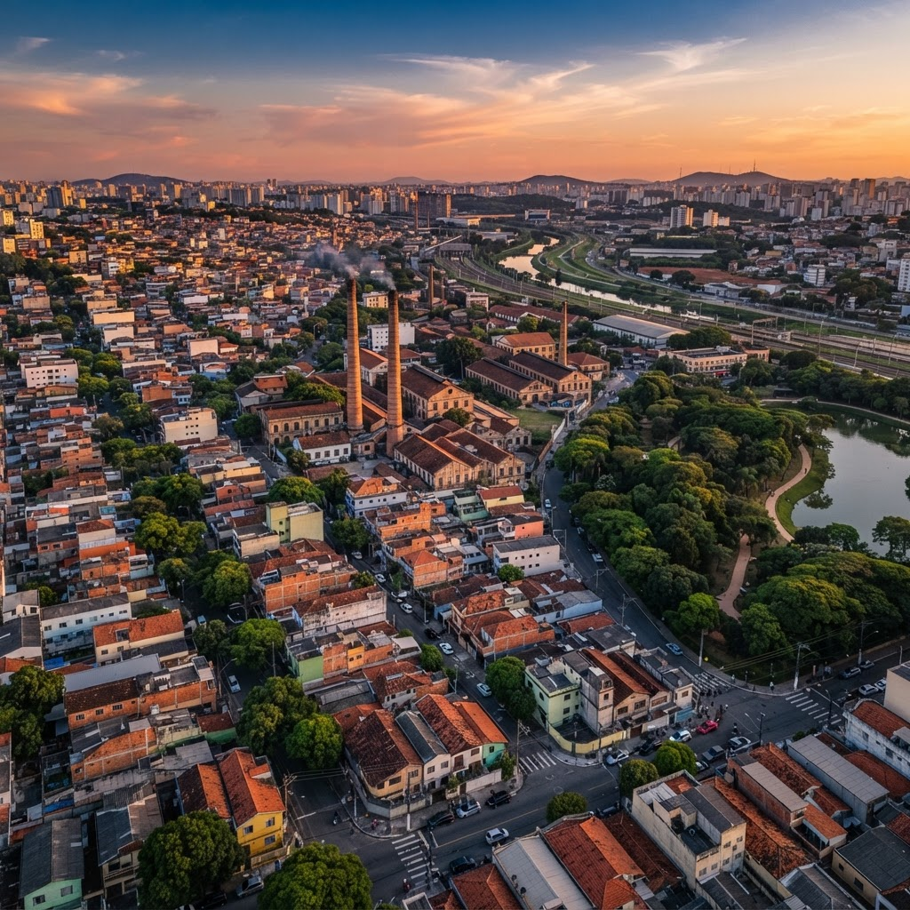 Vista aérea hiper-realista da Zona Leste de São Paulo ao entardecer, com bairros, parques e antigas áreas industriais