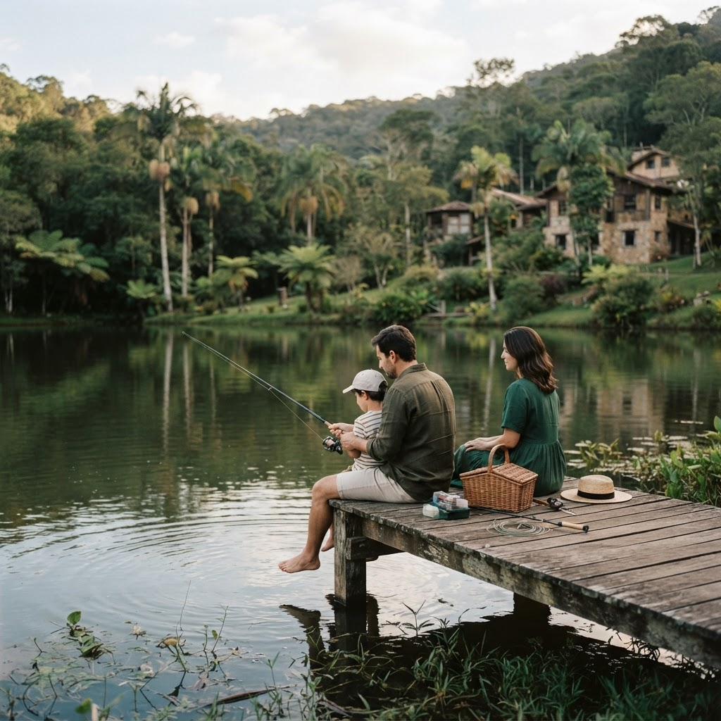 Lago tranquilo cercado por verde em um pesqueiro no interior de São Paulo