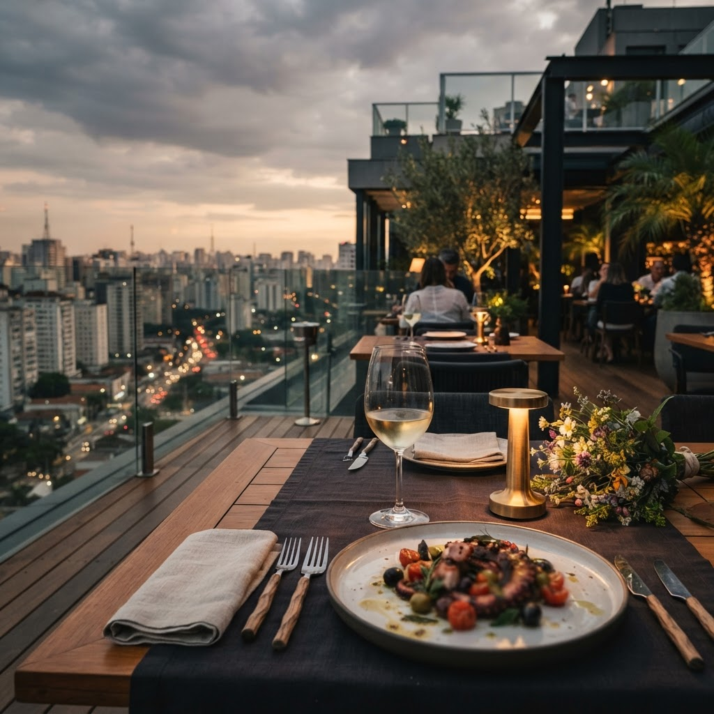 Mesa elegante em restaurante mediterrâneo contemporâneo de São Paulo