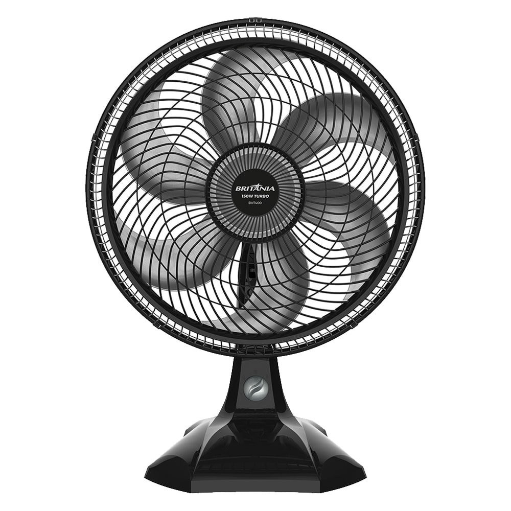 Ventilador de mesa preto de 40 cm com seis pás cinza e base preta, fotografado de frente sobre fundo branco