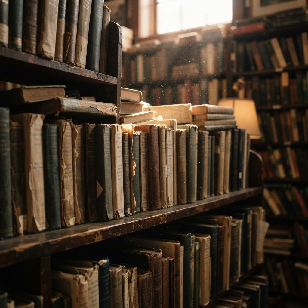 Livros usados em estante de madeira