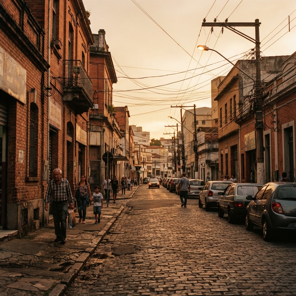 Rua da Mooca ao final da tarde, com fachadas de tijolo e comércios tradicionais da região histórica de São Paulo