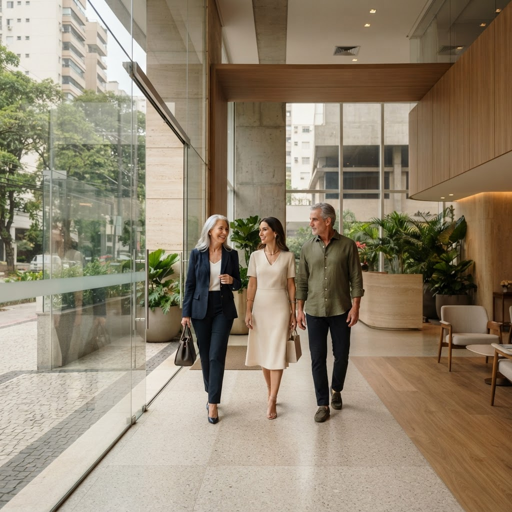 Família entrando em uma instituição de saúde contemporânea na Zona Leste de São Paulo