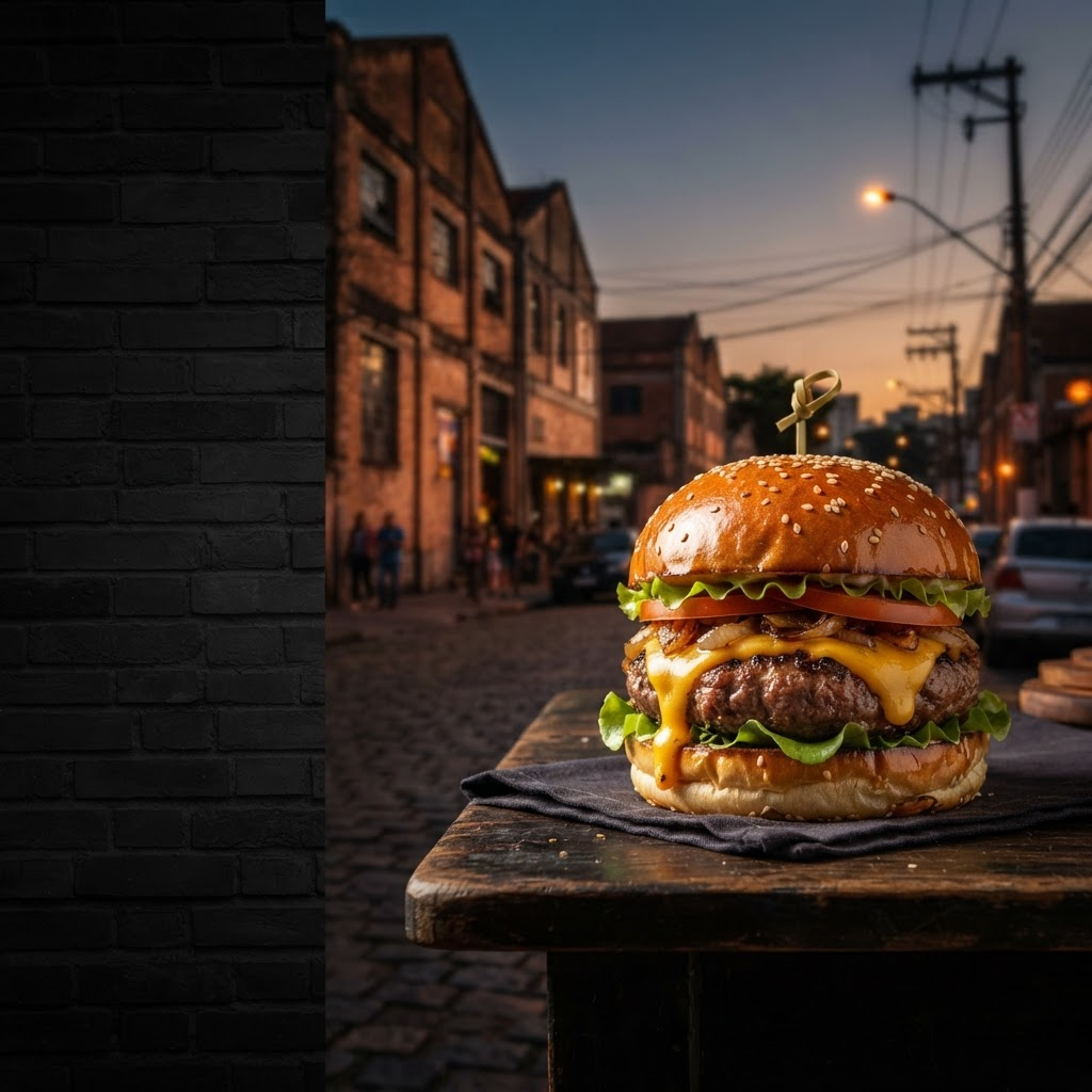 Hambúrguer artesanal em primeiro plano com a paisagem urbana da Mooca ao entardecer